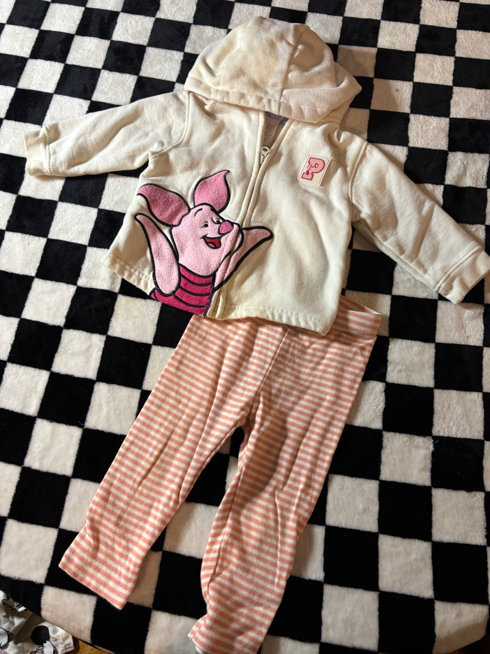 6/12 month Piglet Hooded zip sweater & Striped Leggings Set